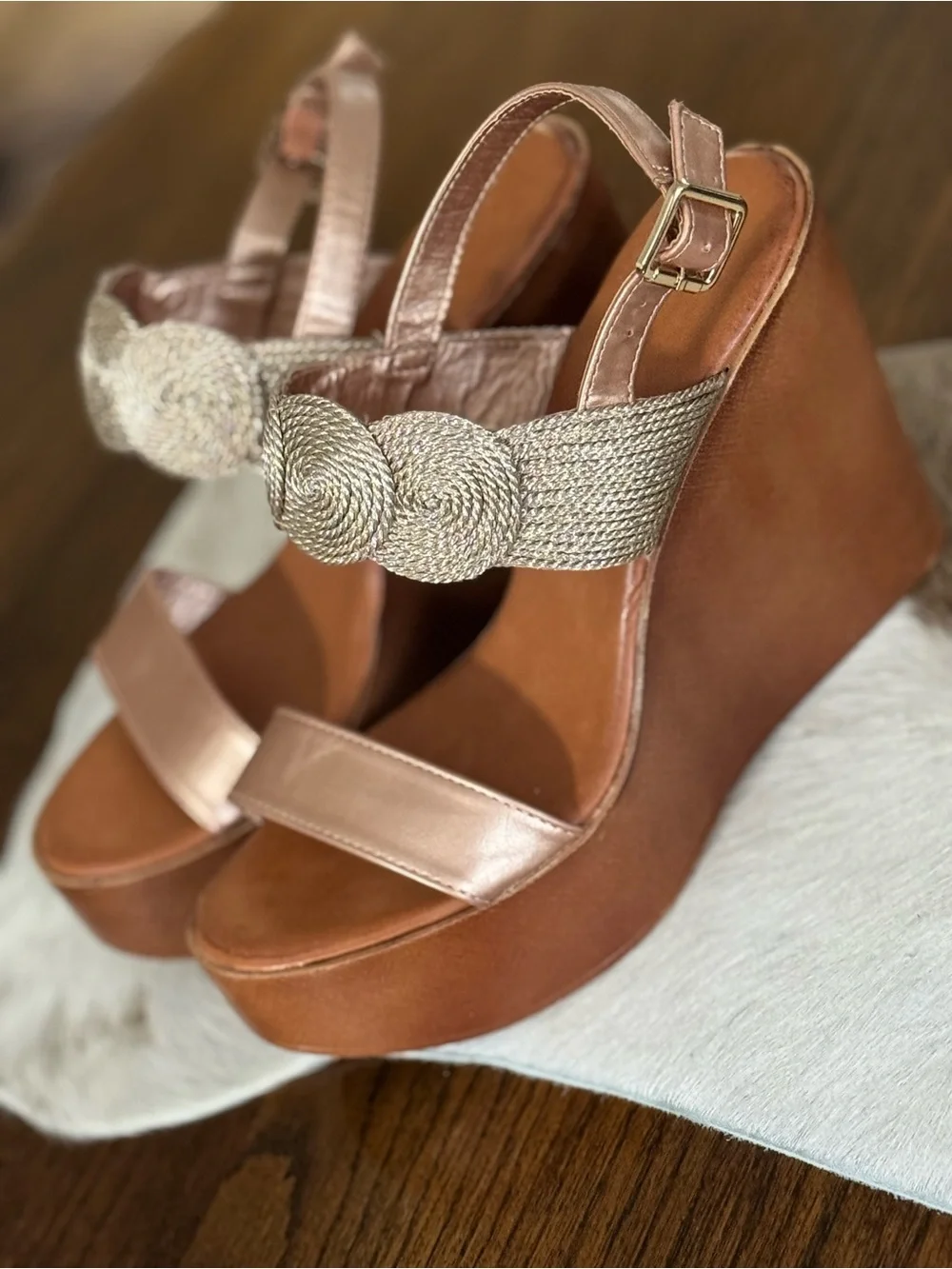 Wild Diva Rose Gold and Tan Wedge Sandals with Braided Detail